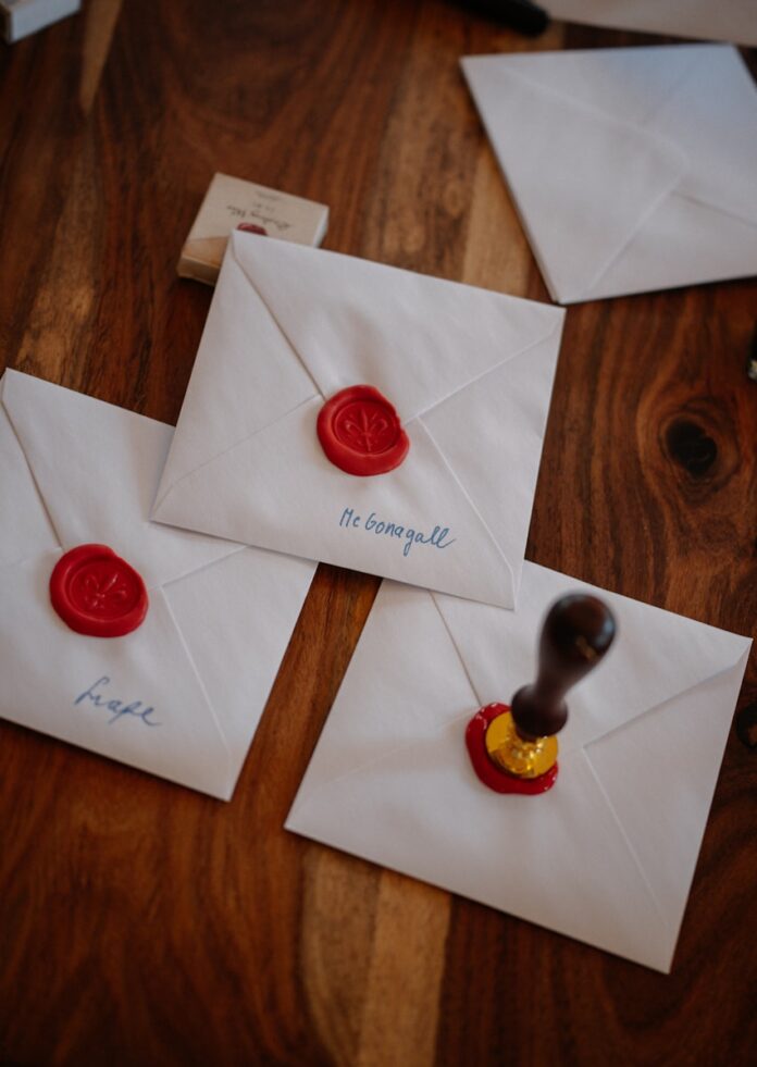 Photo by Raymond Petrik White envelopes with red wax seals on wooden table