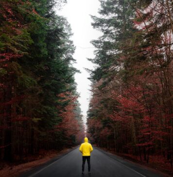 Sedento por misericórdia a person in a yellow jacket walking down a road