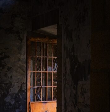 O que acabou de acontecer? an open door in a dark room with a window