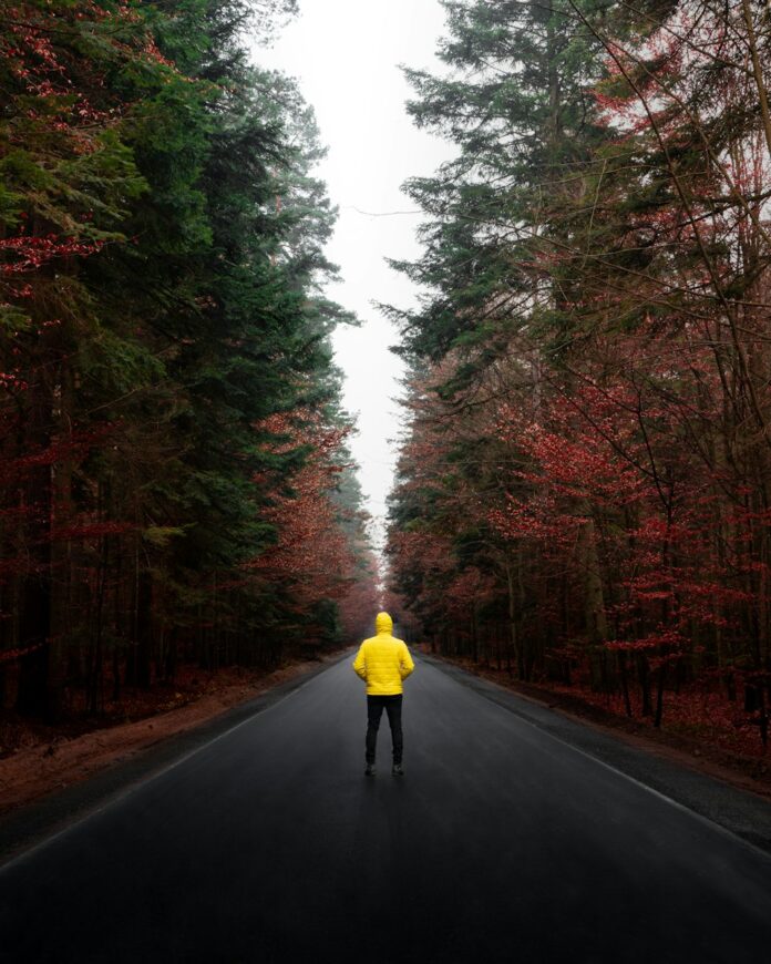 Photo by Mateusz Syta a person in a yellow jacket walking down a road